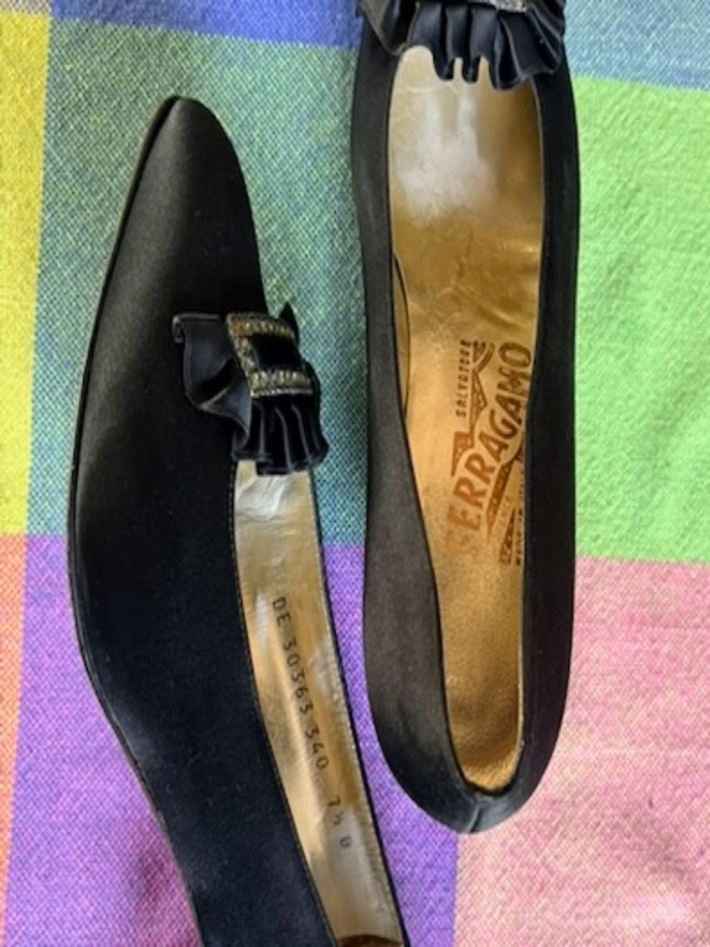 Ferragamo 1.5" heel black Peau de Soie shoes, w/rhinestone toe accent Size 7.5 B